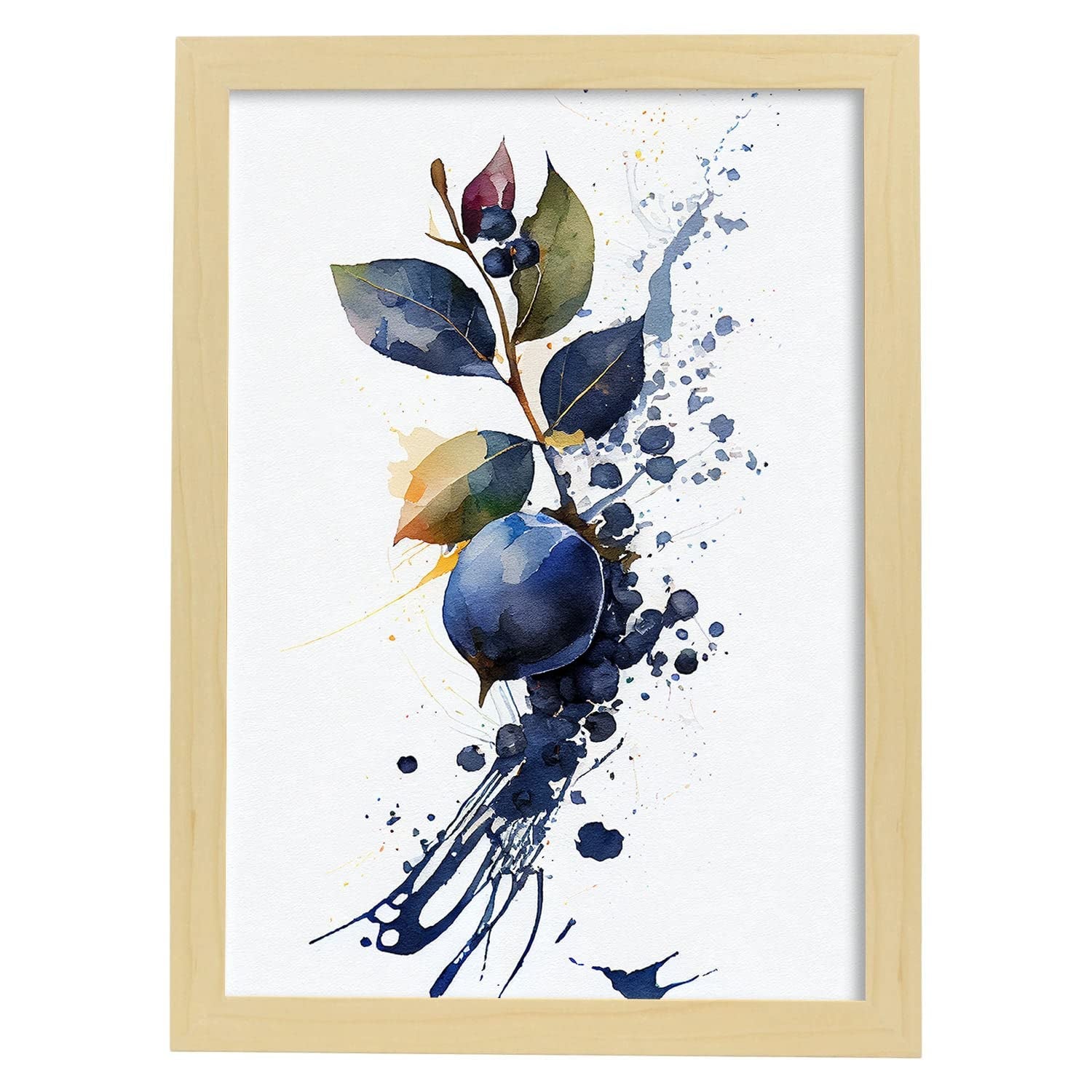 Nacnic poster de arándano a todo color ilustraciones de frutas verduras y comida sana en estilo acuarela y modelo 1 a3 con marco de madera clara