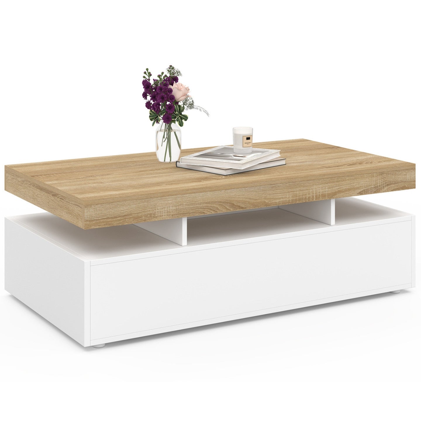 Table basse rectangulaire ELSA 100 cm 2 tiroirs en bois blanc et plateau façon hêtre - 2