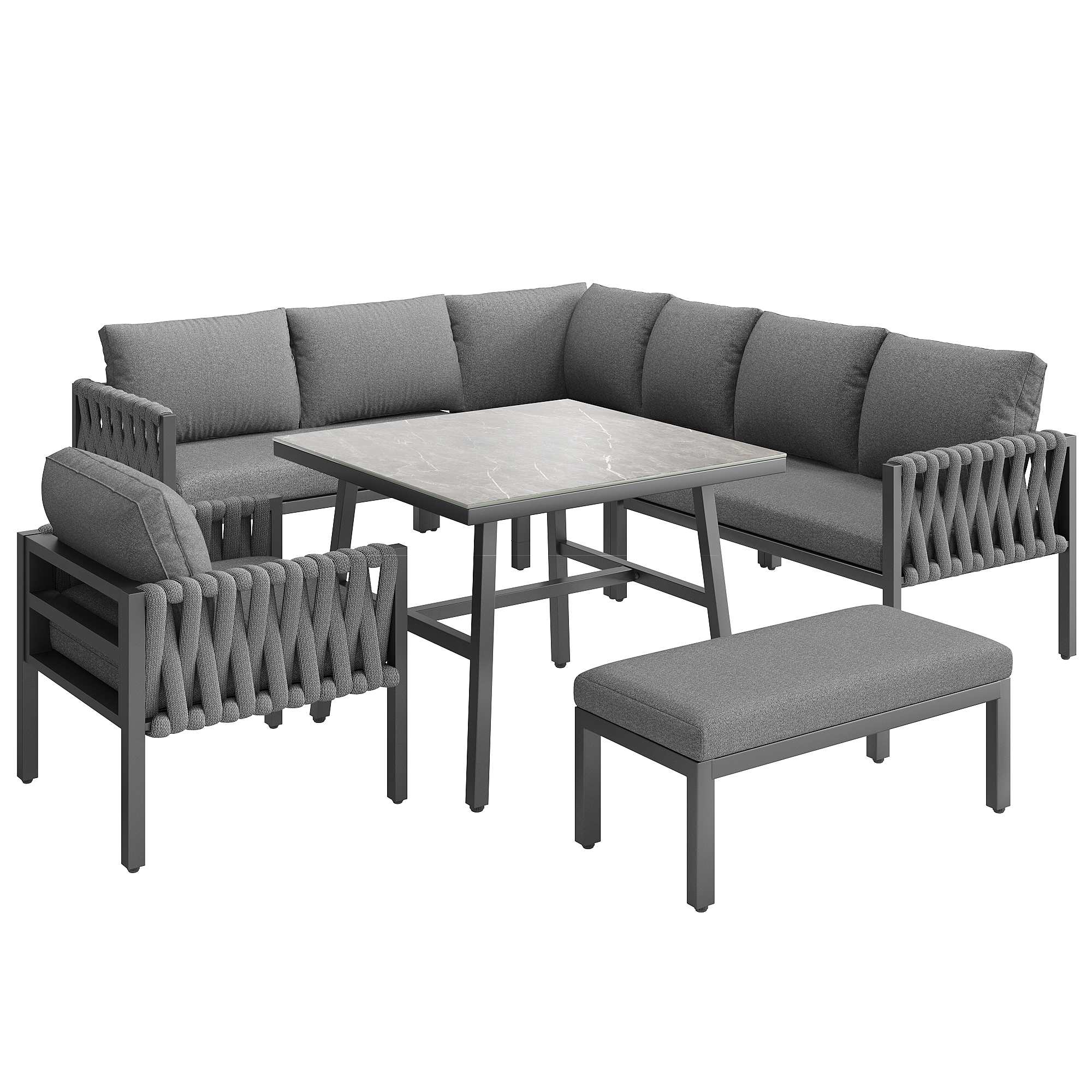 Conjunto de muebles de jardín moderno con estructura de hierro galvanizado, patas ajustables, sofá esquinero, mesa con vidrio templado - 9