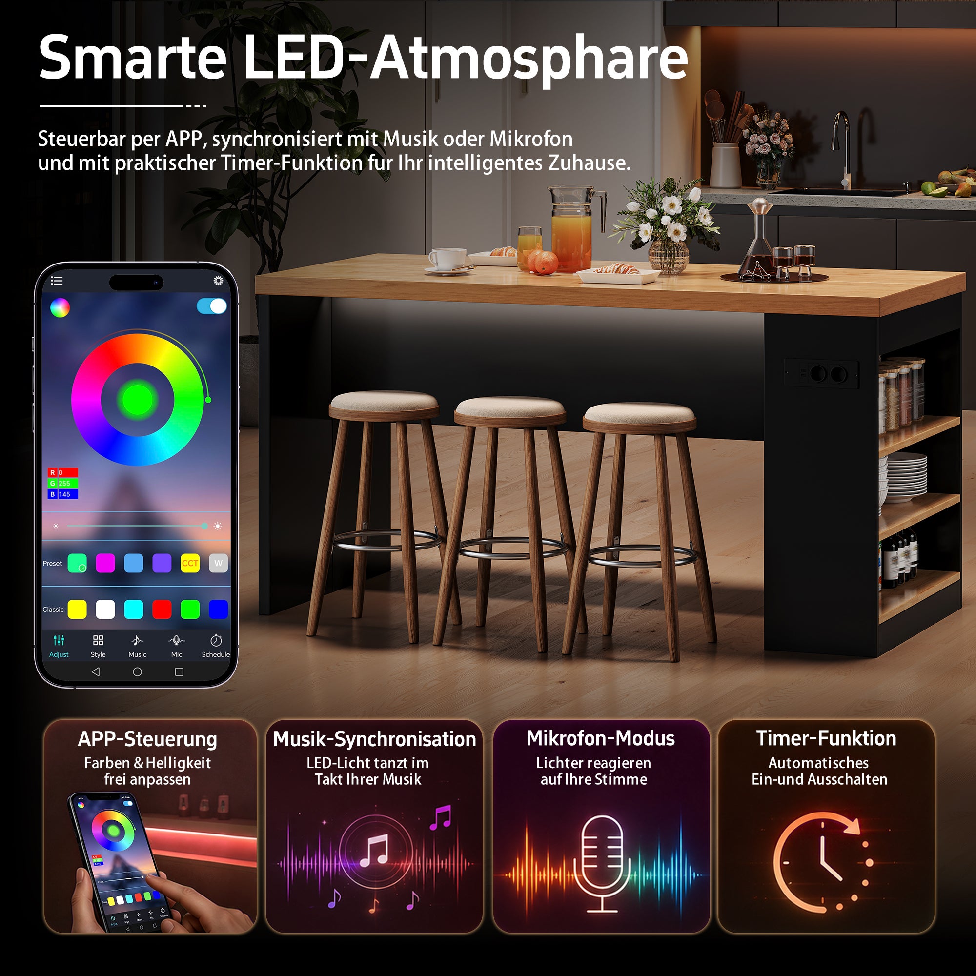Îlot de cuisine 155x80x90 cm, table de bar avec LED, prises électriques et USB, 3 étagères, plan de travail 40 mm, MDF, noir - 6