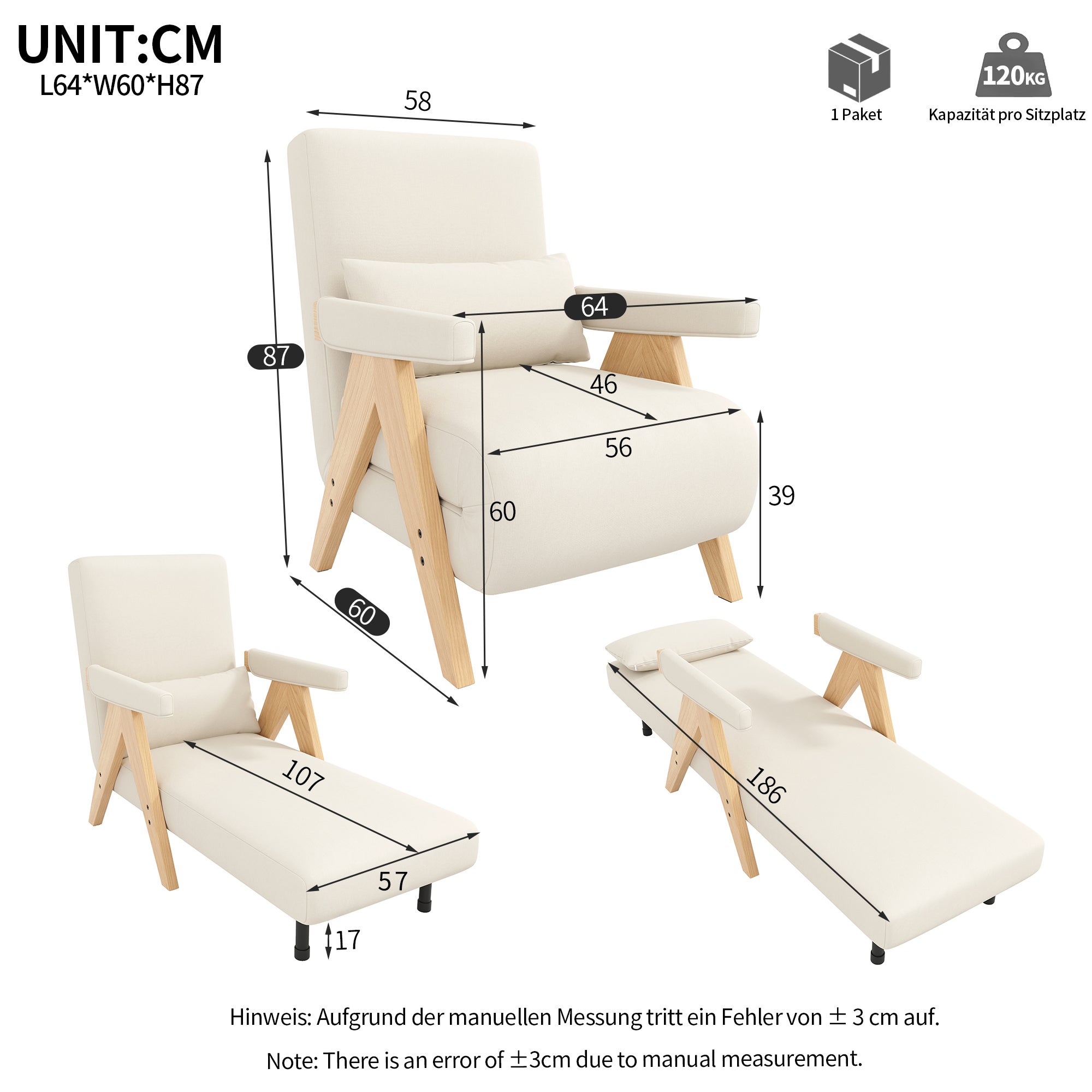 Fauteuil convertible 1 place, Chauffeuse 4-en-1 Dossier Réglable 6 Position, Canapé-Lit - 64 x 60 x 87 cm - Tissu en lin - Beige - 8