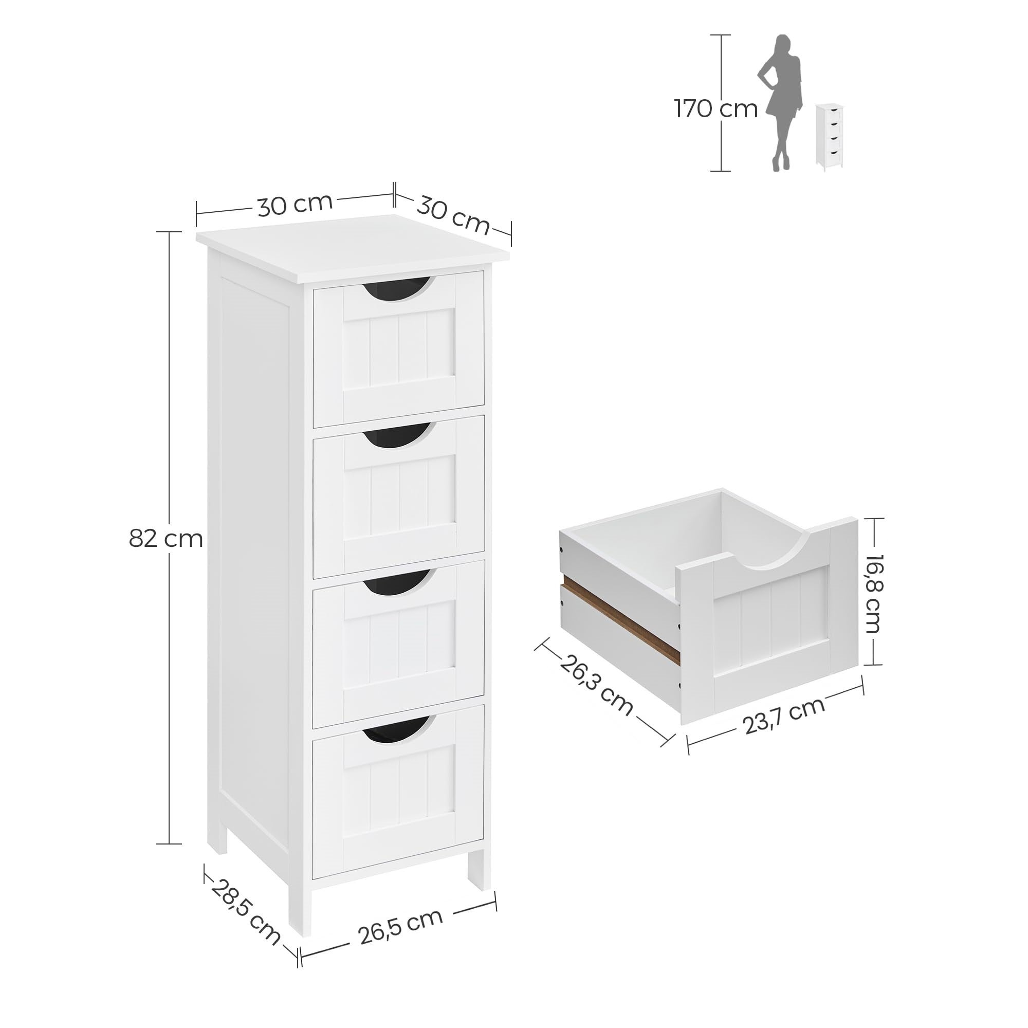 Estantería de baño de pie con 4 cajones, almacenamiento moderno para cualquier habitación, dimensiones 30x30x82 cm, color blanco - 2