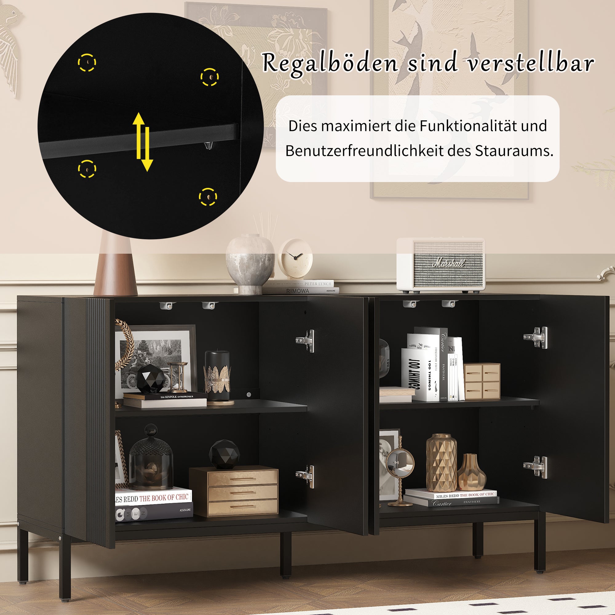 Buffet moderne aux lignes uniques, 4 portes sans poignées, pour salle à manger, salon et cuisine (Noir) - 8