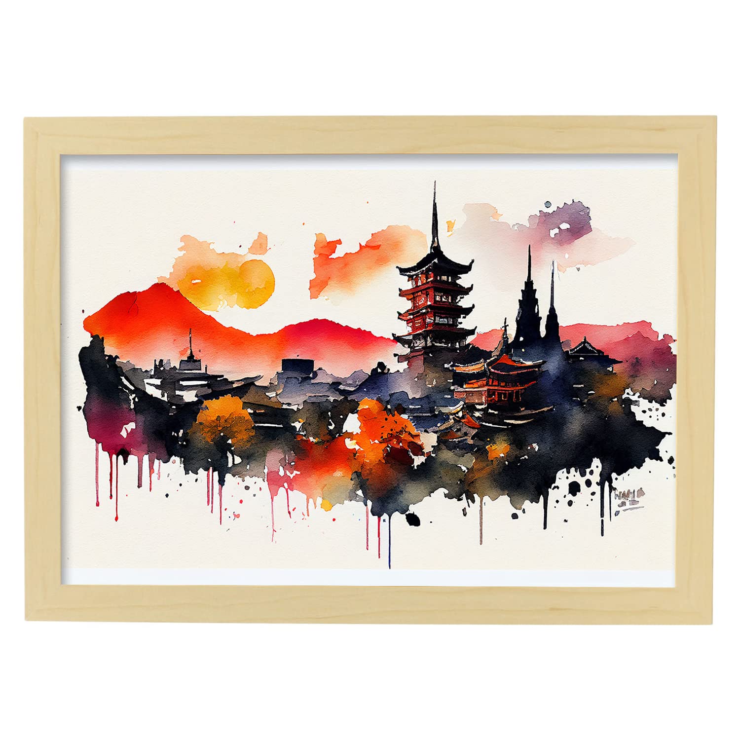 Nacnic poster de kioto en estilo acuarela ilustraciones a todo color de ciudades y monumentos del mundo y modelo 2 a3 con marco color madera