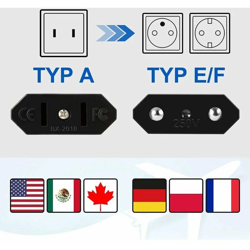 2 Adattatori Da Spina USA A Europeo 2 Pin | Viaggio, 110-250V, 2200W, Ignifugo, Bianco