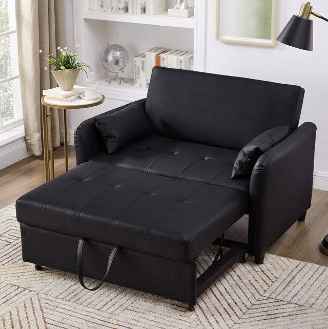 Sofá conversível 2 lugares 122x83x82 cm, encosto ajustável 3 posições, espuma, couro PU preto