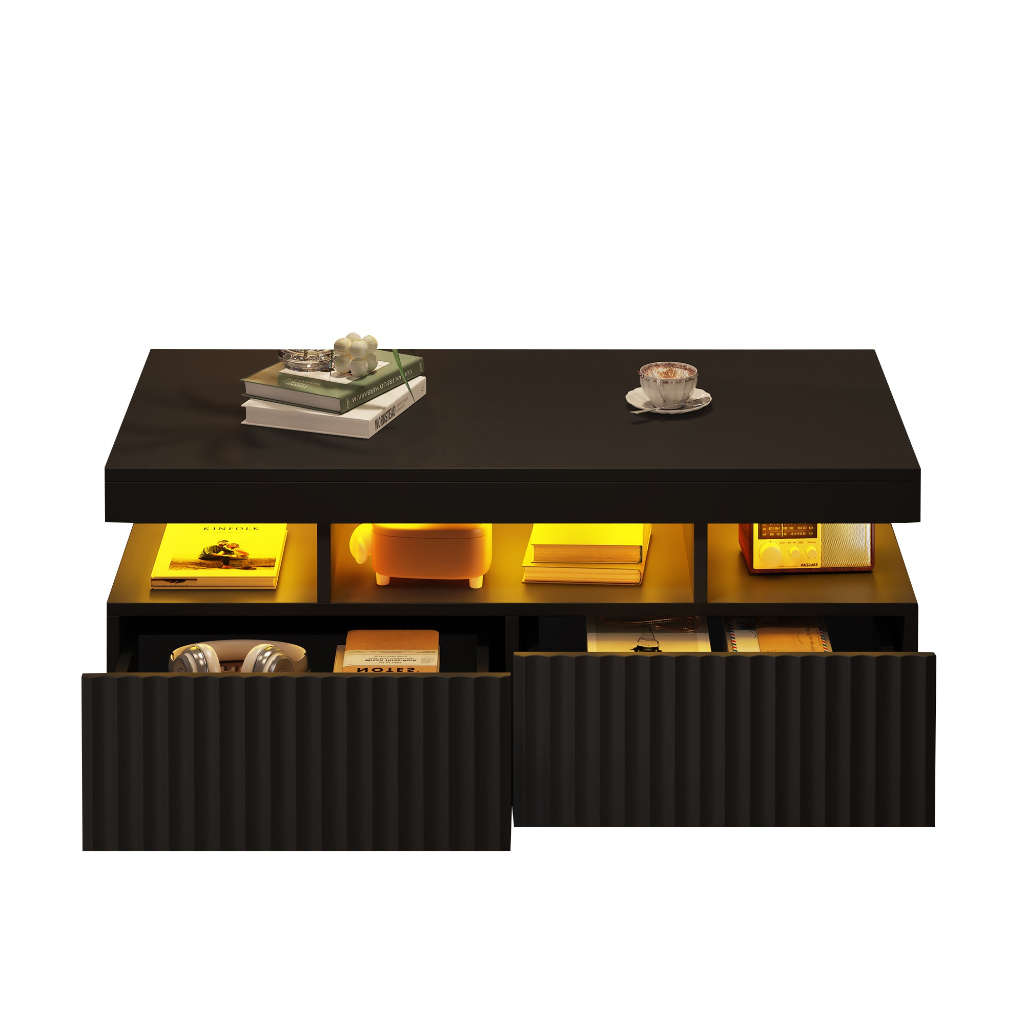 Tavolino da salotto 100x50x45cm - con illuminación LED - 2 cassetti - Spazio di riporre aperto - Pannelli di particelle - Nero - 6