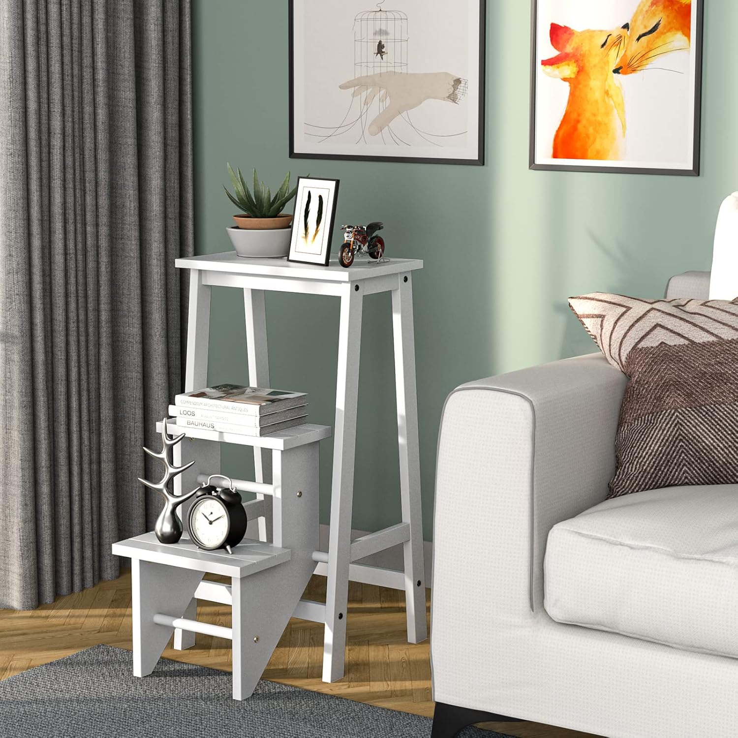 Tabouret Escabeau Pliable 3 Marches, Escabeau Marchepied en Bois Massif, Tabouret d'Échelle Multifonctionnel, avec Marches Réversibles (Blanc) - 7