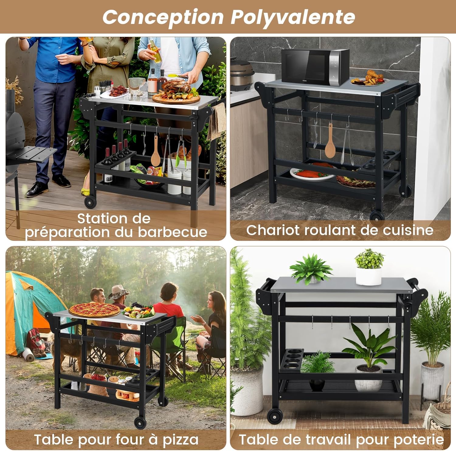 Chariot Extérieur pour Barbecue Desserte Plancha - Comptoir Acier Inoxydable, Poignée, Charge 115+35KG, 105x54x85 cm - 4