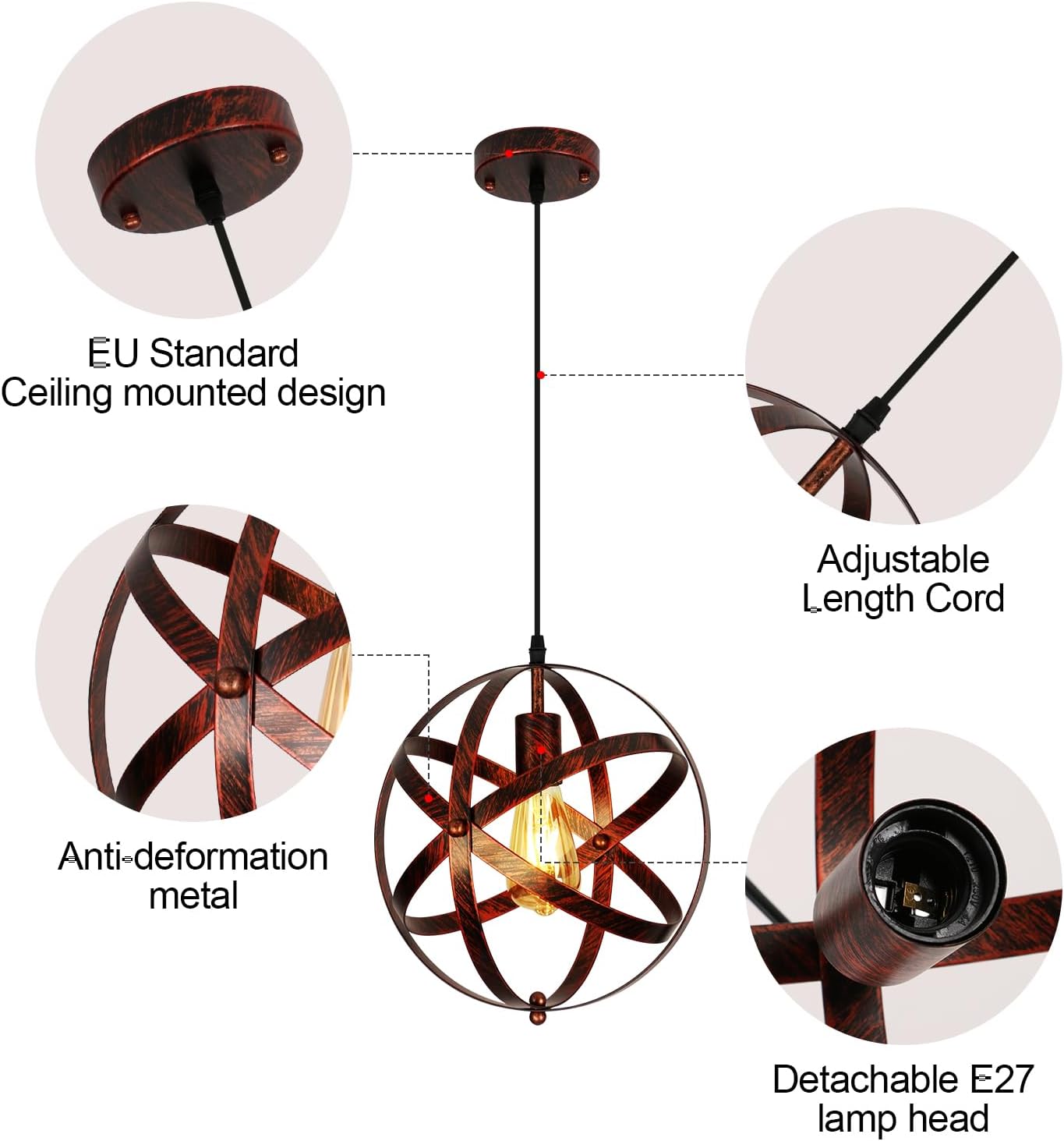 COMELY Suspension Vintage, Retro Lustre Plafonniers, E27 Industrielle Éclairage de Plafond, Suspension Luminaire en Métal pour Restaurant Bar 30cm - 3