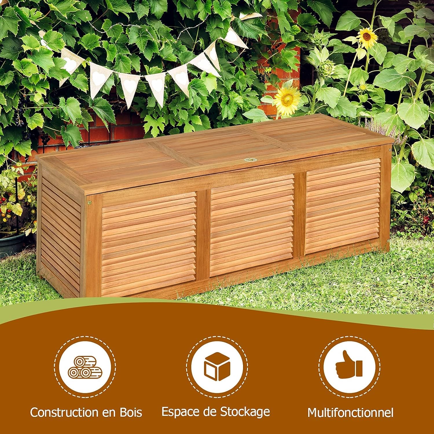 Coffre de jardin en Bois d’Acacia Certifié FSC-120X45X45 CM- Boîte de Rangement Respirante avec Poignée en Boucle Pratique-Naturel - 7