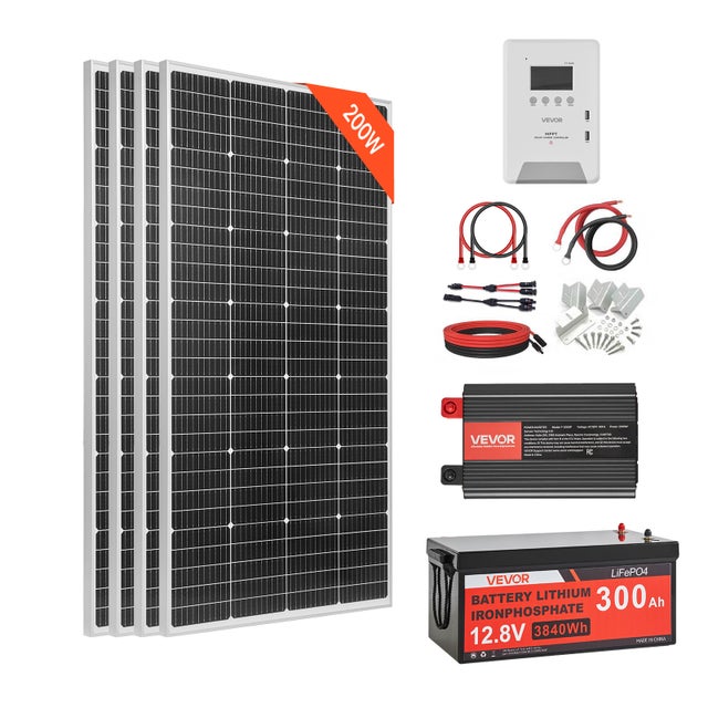 Kit Solaire Complet Hors Réseau VEVOR 800 W 12 V 4 Panneaux Solaires Monocristallins 200 W, Batterie LiFePO₄ 12,8 V 300 Ah