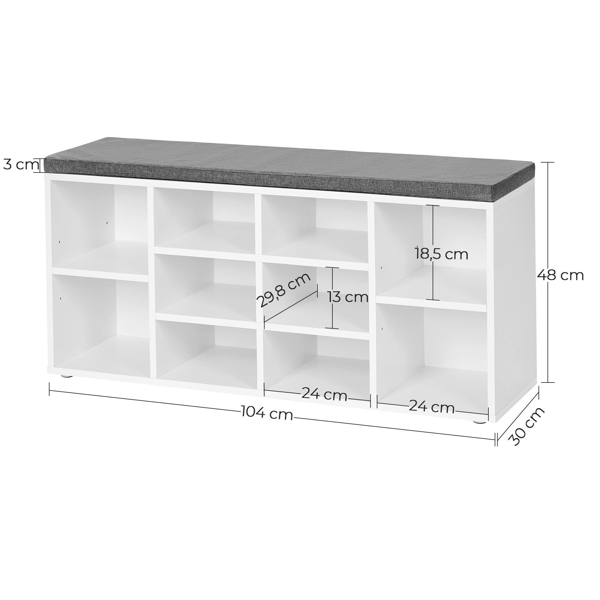 Meuble À Chaussures, Banc d'entrée Avec 10 Compartiments, 104 x 30 x 48 cm, Blanc - 5