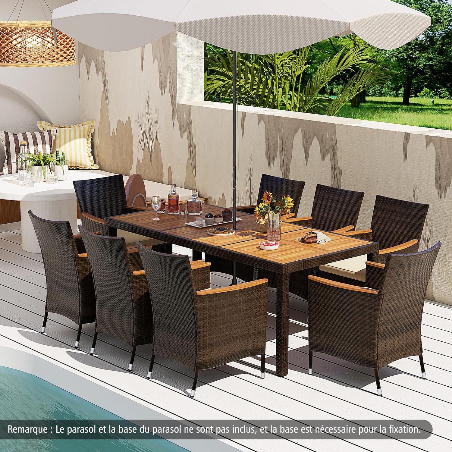 Salon de Jardin en Rotin 9 Pièces pour 8 Personnes Plateau de Table en Acacia, Ensemble de Salle à Manger , Chaise Charge 180KG, Marron+Beige - 9