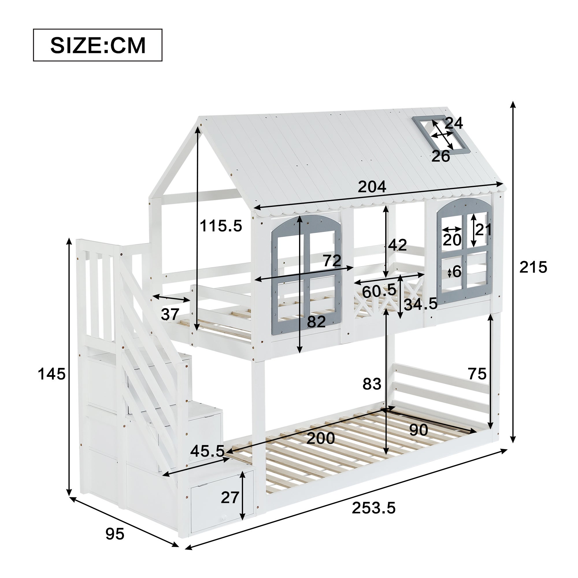 Lit superposé 90x200cm en bois - avec escalier de rangement - Blanc - 5