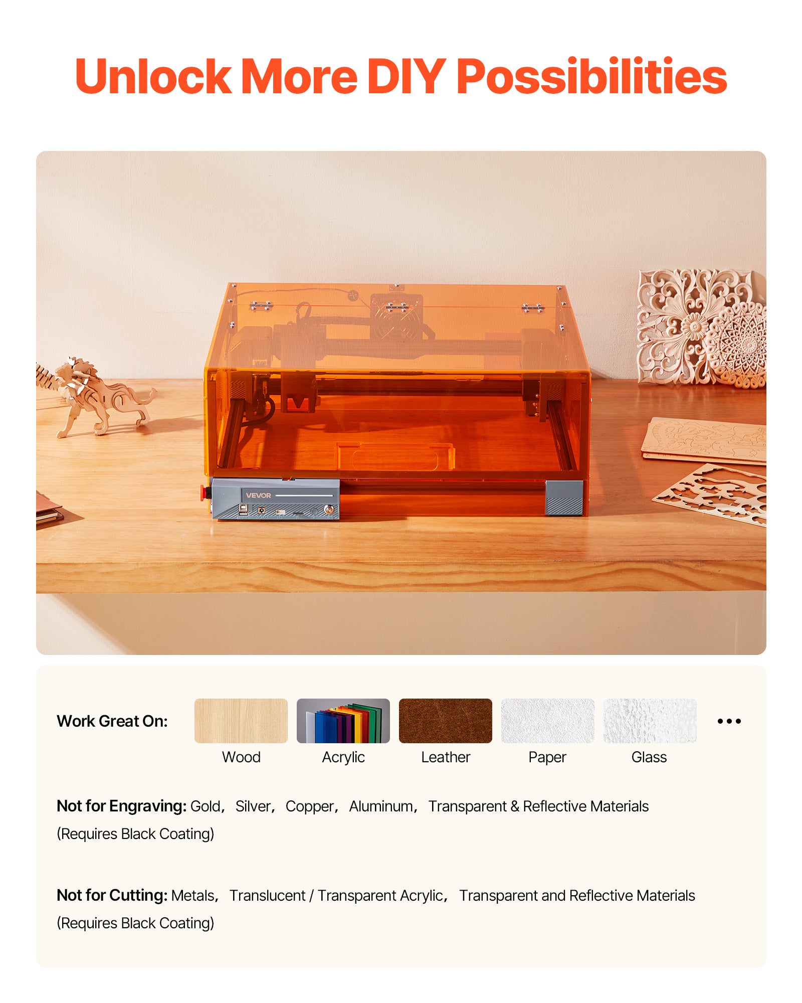 VEVOR Graveur Laser 20 W, Machine Gravure et Découpe Laser, avec Boîtier, Zone Travail 30 x 30 cm, Vitesse Gravure 7000 mm/min, pour Bois, Cuir, Verre - 7