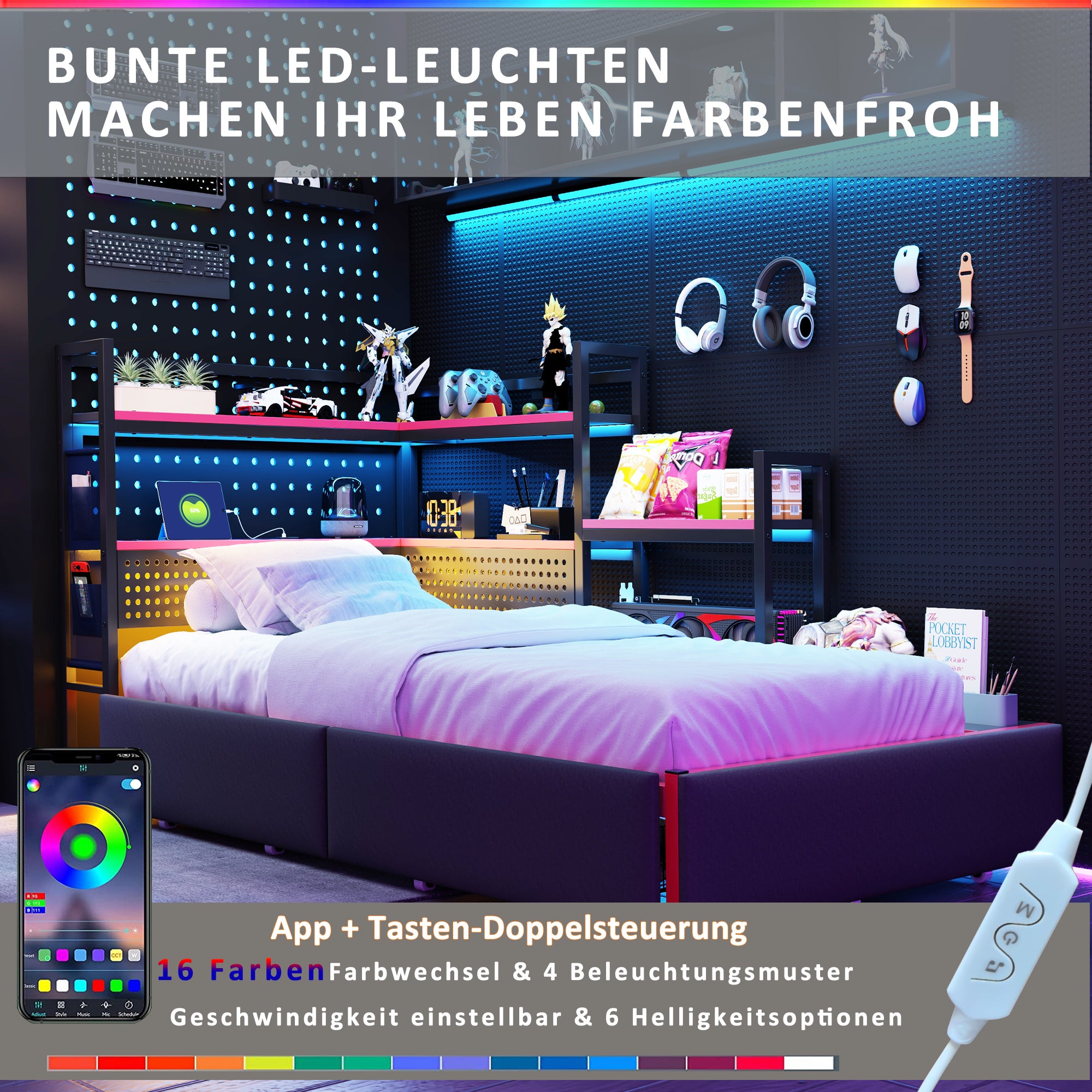 Łóżko 90 x 200 cm z 3 szufladami i półkami - Oświetlenie LED i porty USB - Metalowe - Czarne (Materac nie jest w zestawie) - 3