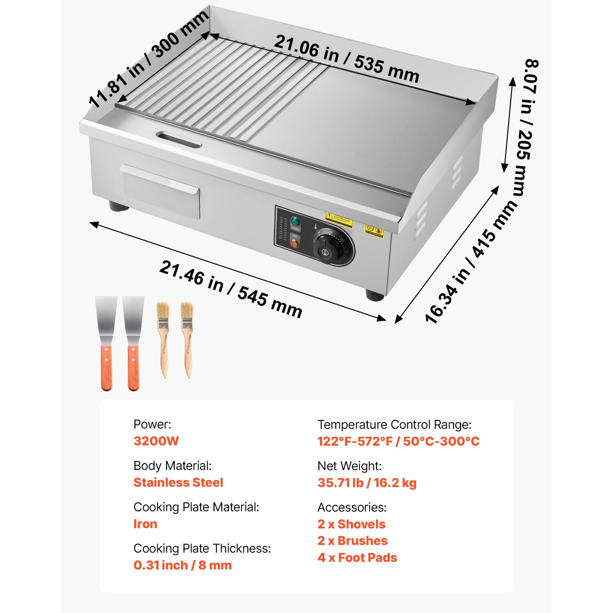 Gril Plancha SucceBuy Électrique 3200 W, Plaque Fer 535 x 300 mm, Thermostat 50-300 °C, Corps Inox, Bac à Graisse, Table Pro - 7