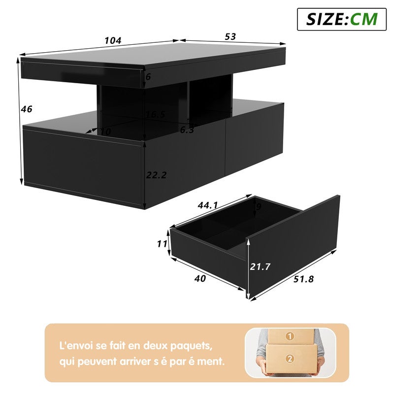 Table Basse avec Lumières LED, Table Basse Salon avec 2 Tiroirs et Compartiment Ouvert, Table de Salon, Bureau,104x53x46 cm, Noir - 9