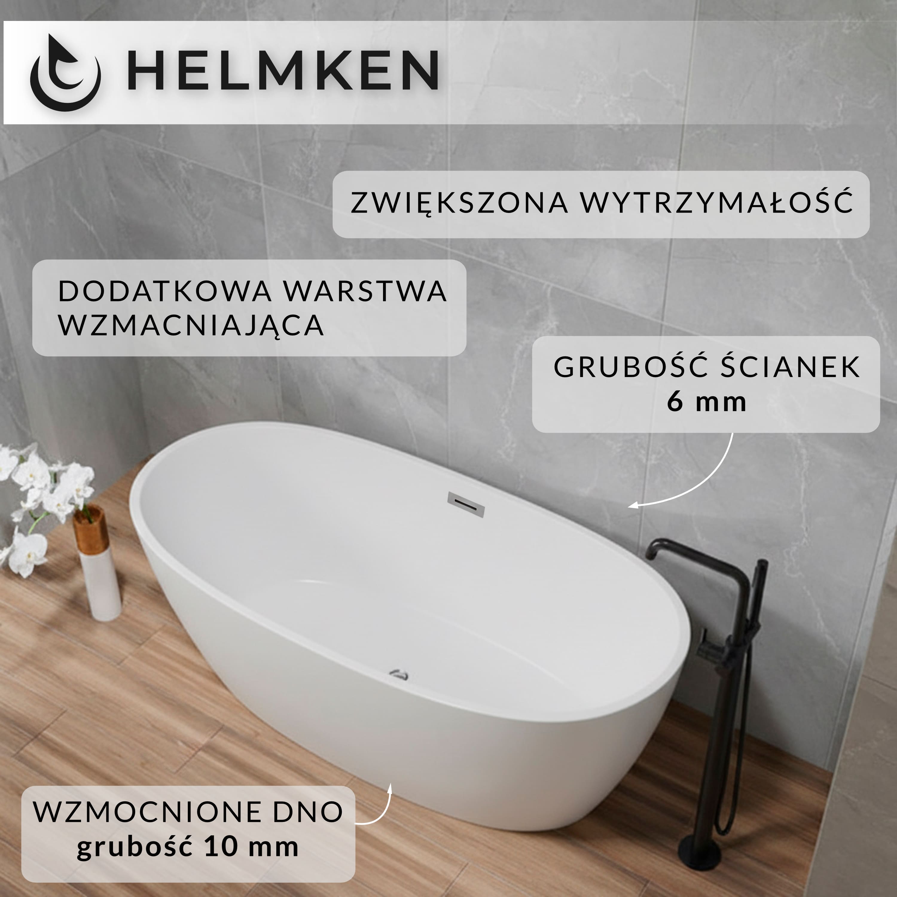 Wanna wolnostojąca akrylowa Helmken Elysian 150 x 75 + Nóżki + Syfon / 31360150
