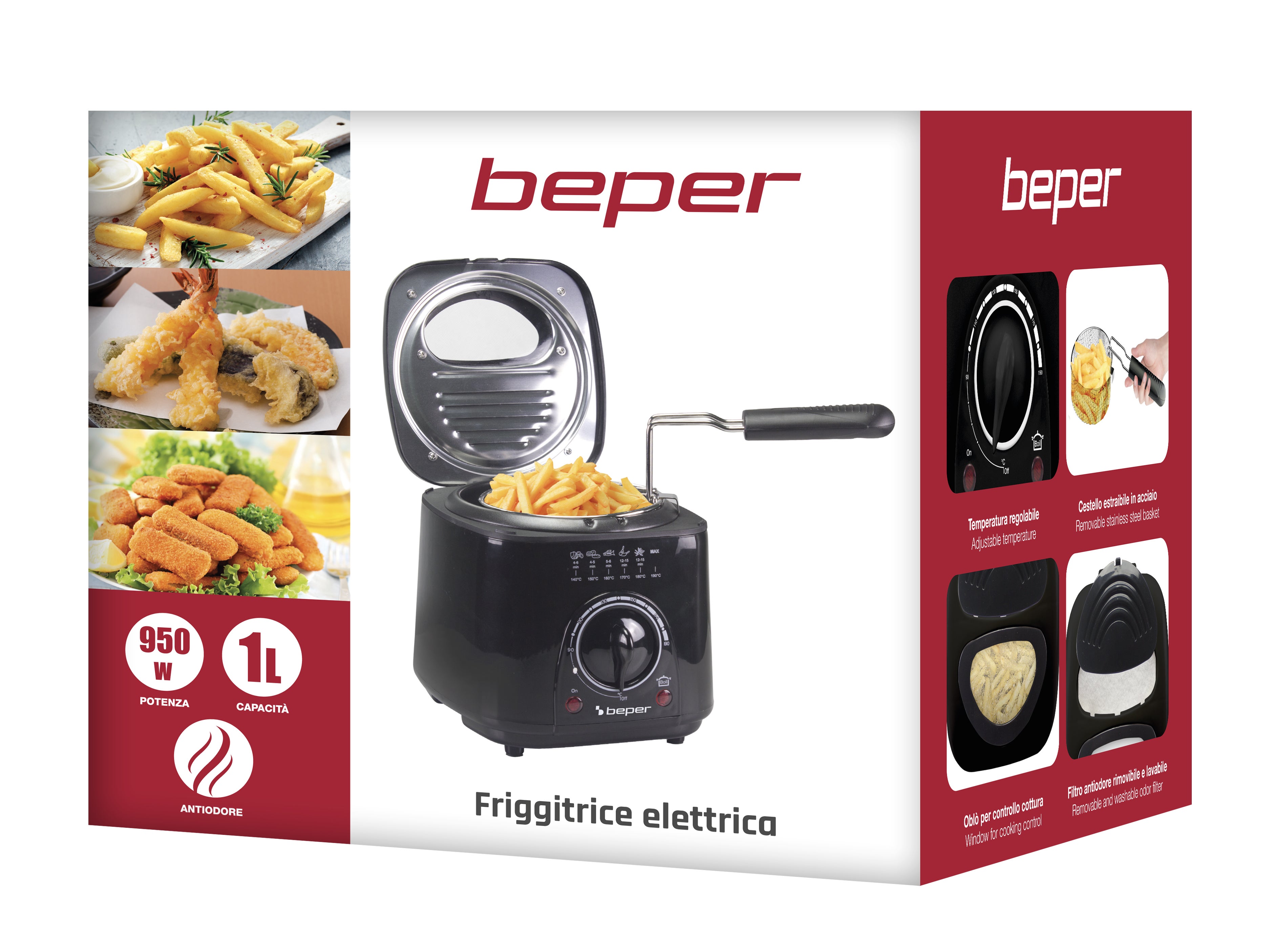 BEPER P101FRI100 Friteuse électrique 1 L, 950 W, panier en acier amovible, couvercle avec hublot, filtre amovible et lavable, température réglable - 8