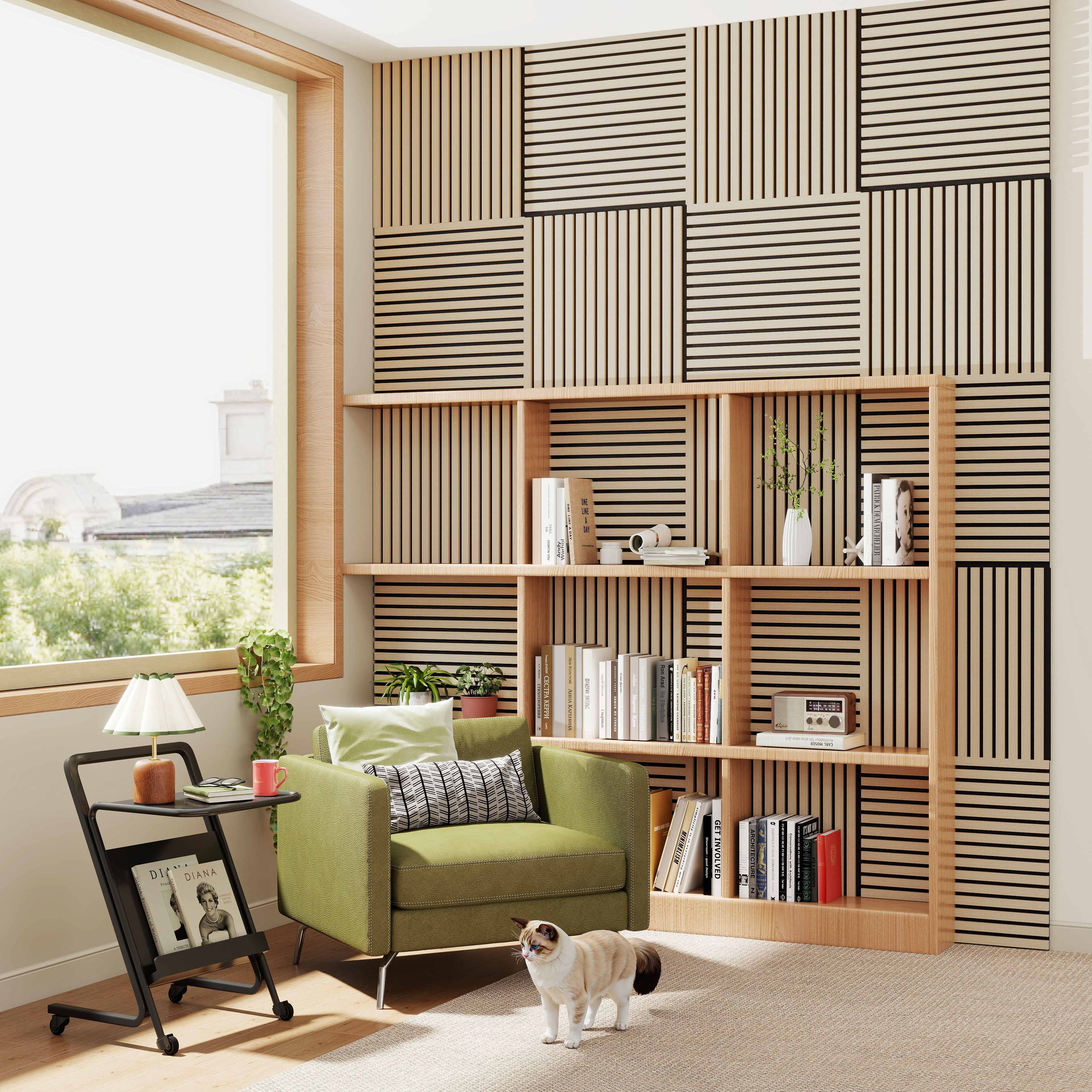 Lot de 4 Panneaux Muraux Décoratifs Acoustiques Bois MDF 60x60cm Chêne clair AntiBruit, Facile à Poser - 2