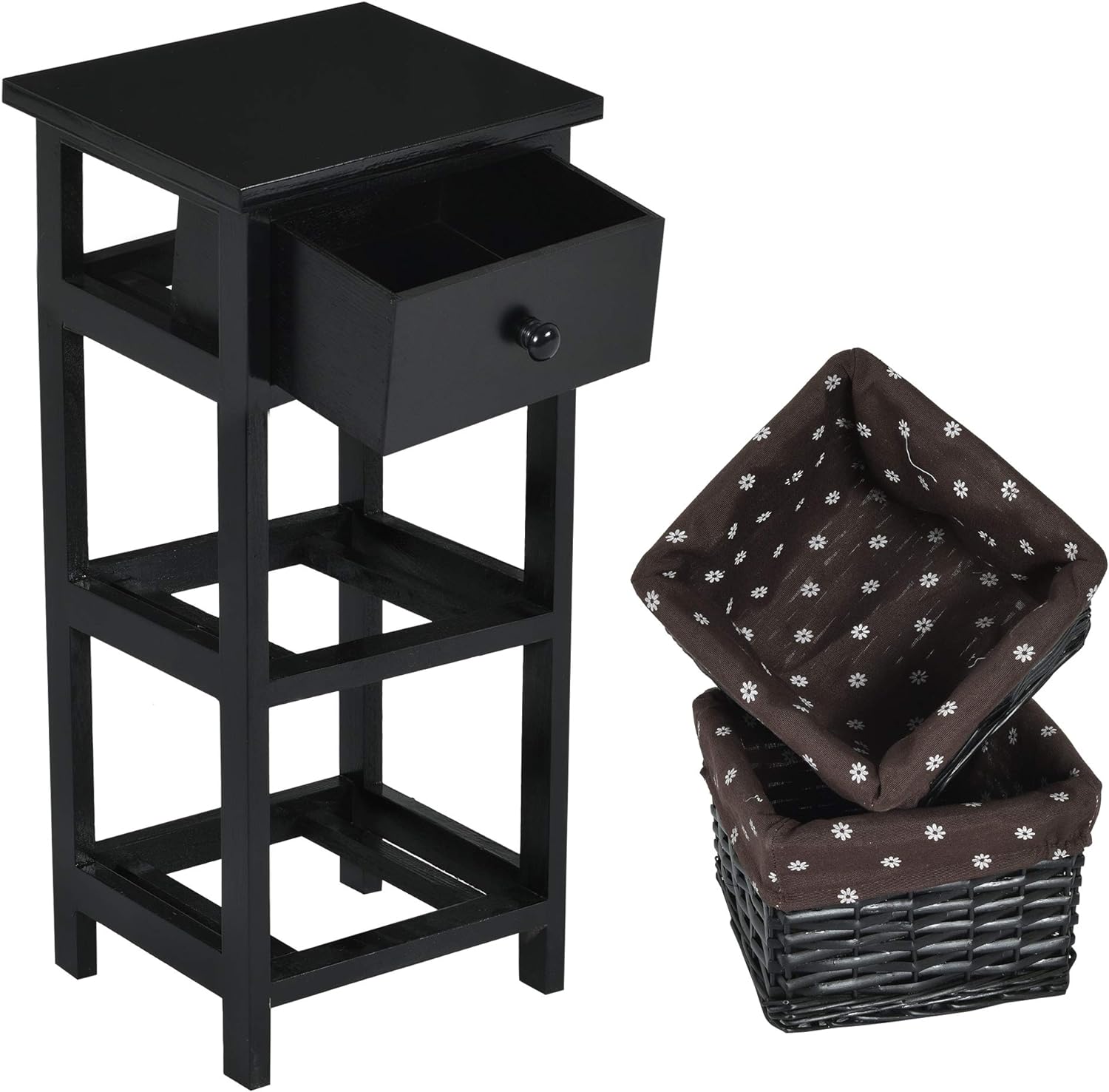 Komoda z 1 Szufladą i 2 Koszami, Drewniana Półka, Nowoczesny Drewniany Stolik Nocny, Szafka z Szufladą i Plecionym Koszem