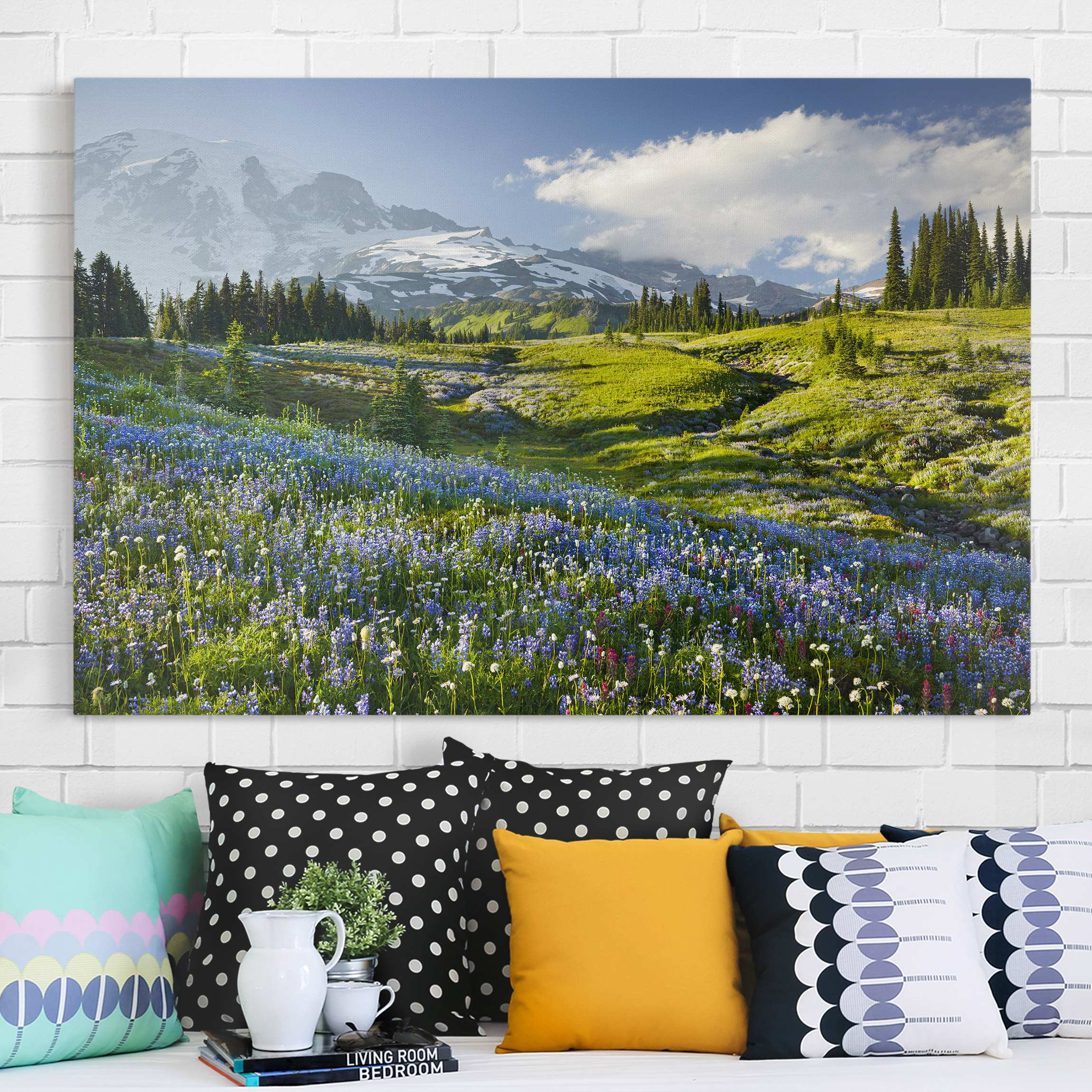 Lienzo cuadro en lienzo bastidor impresion en lienzo verde prado de flores montaña panorama 131 dormitorio salón pasillo 90 x 60 cm