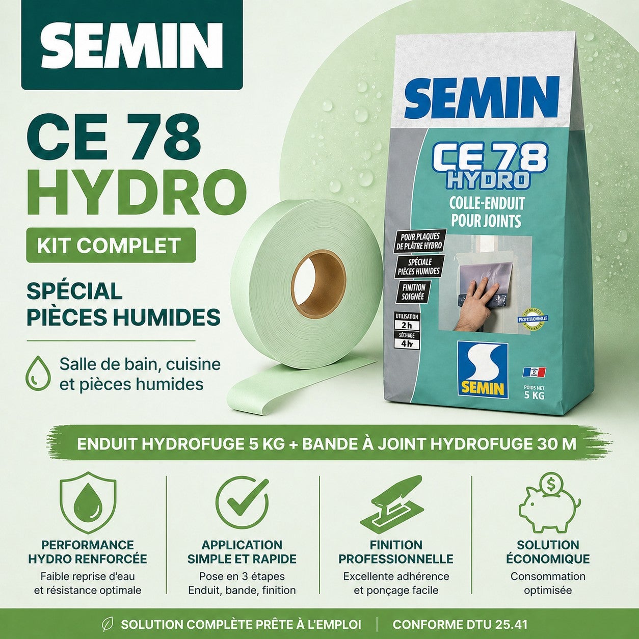 SEMIN Pack Hydro plaques de plâtre - Enduit CE 78 Hydro Sac de 5kg + Bande à Joint Hydro 30 m - Spécial pièces Humides - 10 m² - 2