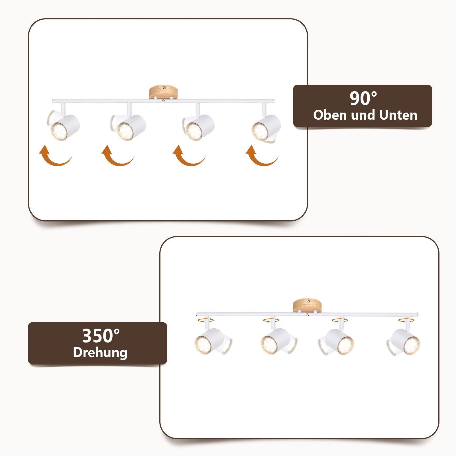 NETTLIFE Plafonnier LED 4 flamme - Blanc Plafonnier GU10 Spot pivotant Applique murale en bois Spot mural pour salon chambre Sans ampoule - 4