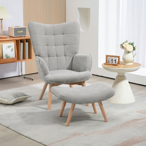 Fauteuil à Oreilles Velours Vert Foncé Avec Tabouret Assorti – Neuf