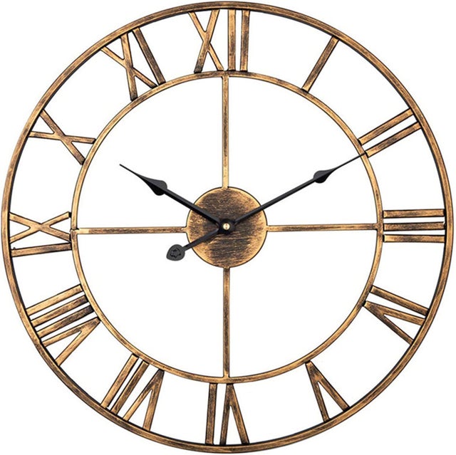 Horloge murale de jardin d'extérieur, grande horloge de jardin à chiffres romains, fer forgé, 50 cm (doré)