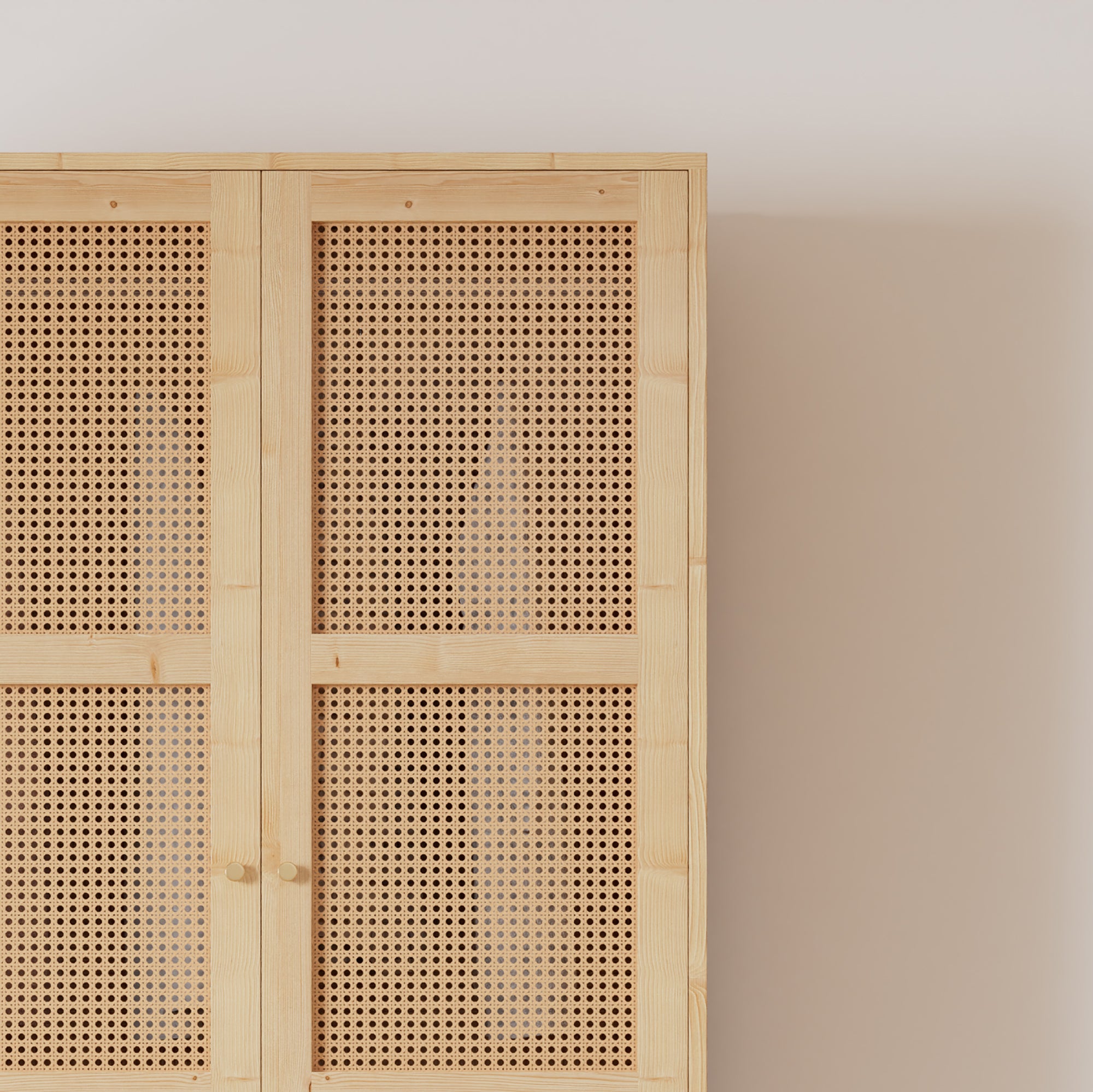 Armoire avec tringle - 2 portes grillagées en rotin et 1 compartiment abattant - Naturel - 6