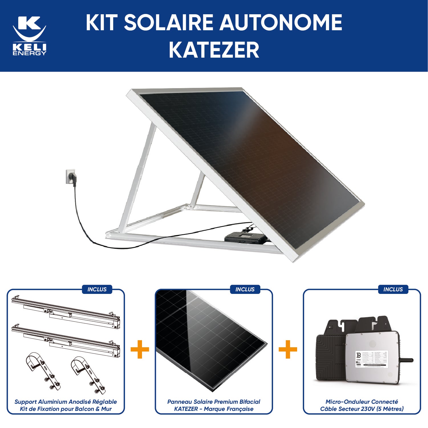 Kit Solaire KATEZER Connecté 420W - Prêt à Brancher - Panneau Bifacial Premium - Installation Facile - Suivi Direct - Pose : Sol, Mur, Balcon - 2