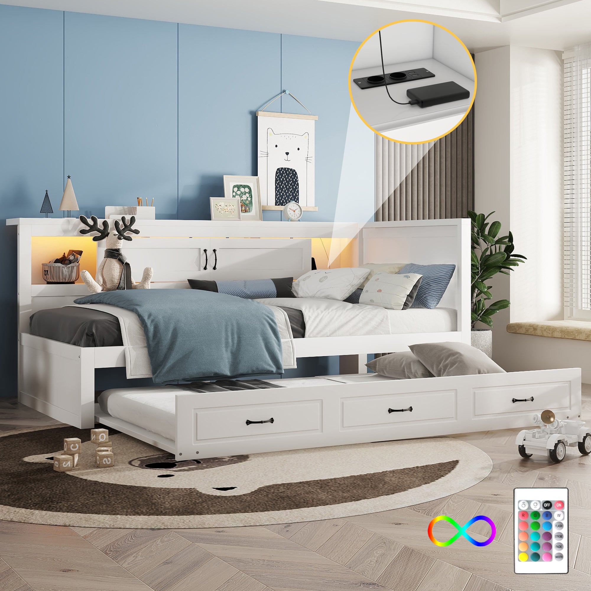 Łóżko wysuwane 90 x 200 cm + 90 x 190 cm z 2 drzwiami przesuwnymi i gniazdami USB - LED - Płyta wiórowa + MDF - Białe (bez materaca)