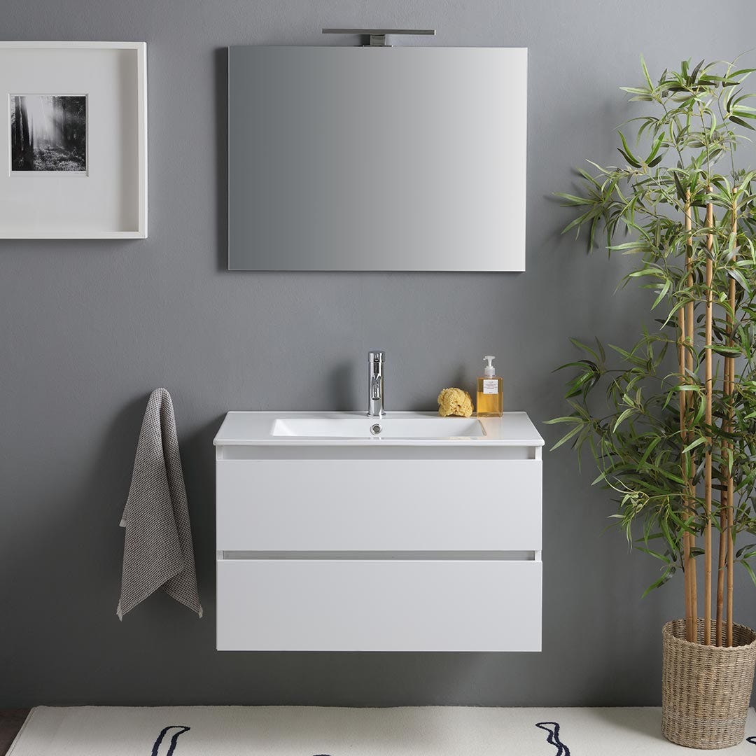 Meuble de salle de bain suspendu blanc brillant 80cm 2 tiroirs | Benaco - 2