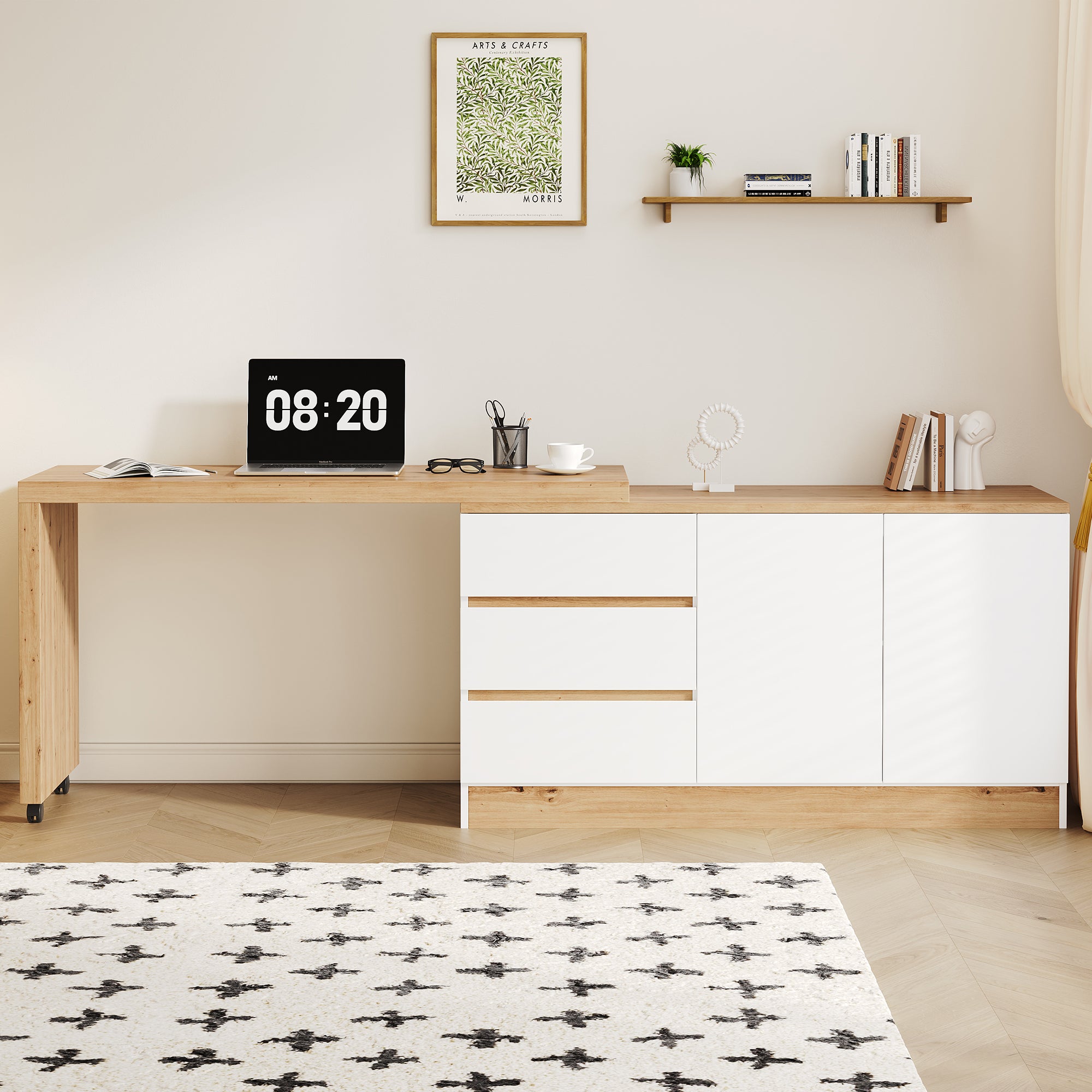 Zdjęcia - Biurko  obrotowe i mobilne - z blokowanymi kółkami - 2 drzwi i 3 szuflady - blat o grubości 4 cm - naturalny i biały