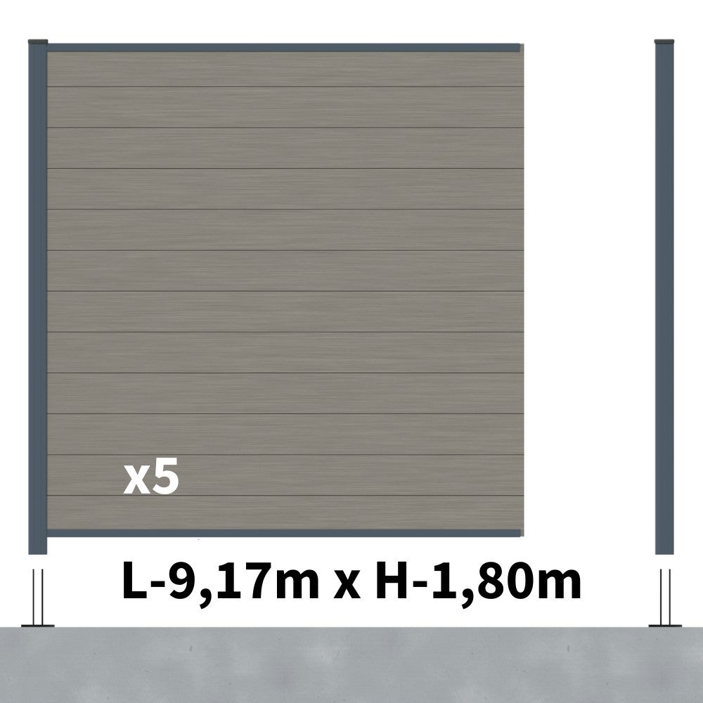 Kit Clôture Composite RIO Platines 9x1,8m - Bois composite & Aluminium - Poteaux sur Platines Gris - Brise vue - 2