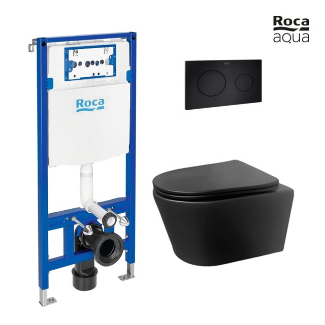 BASTIDOR ROCA DUPLO PACK CISTERNA EMPOTRADA Y PULSADOR PL10 NEGRO MATE CON INODORO SUSPENDIDO Rimless LIA Negro de AQUA