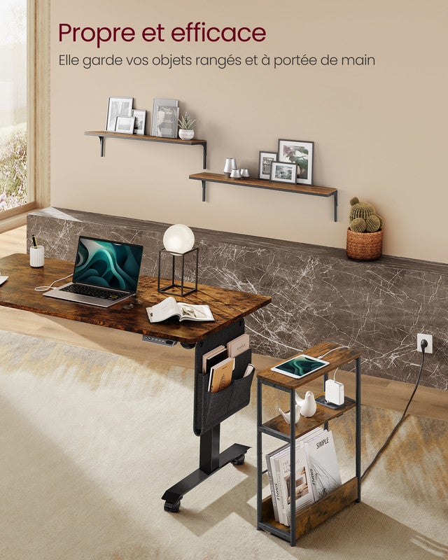 Table d'Appoint Fine avec Multiprise, Table de Chevet à 3 Niveaux, Bout de Canapé, pour Petits Espaces, Marron Rustique et Noir d’Encre - 7