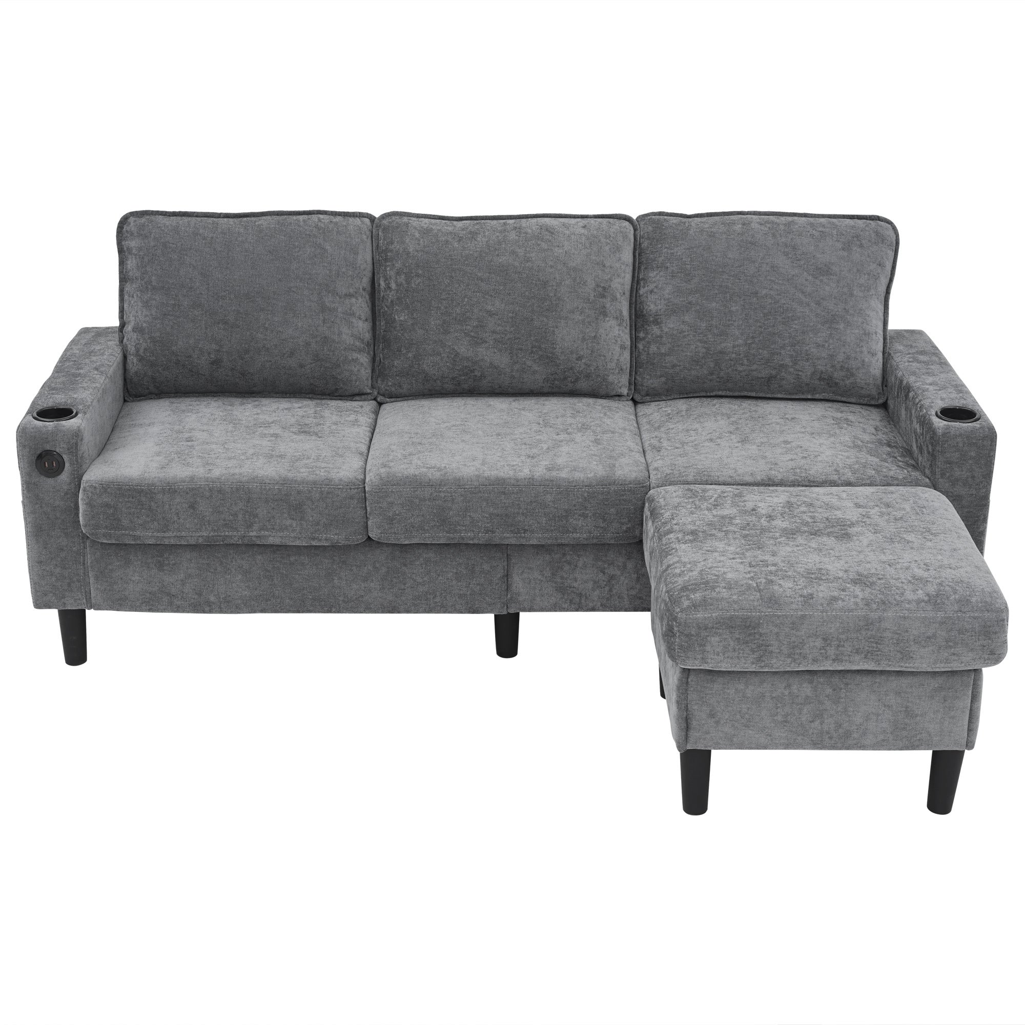 Canapé rembourré avec ports USB et Type-C, canapé 3 places avec deux porte-gobelets - Canapé-lit en L, gris, lin - 6