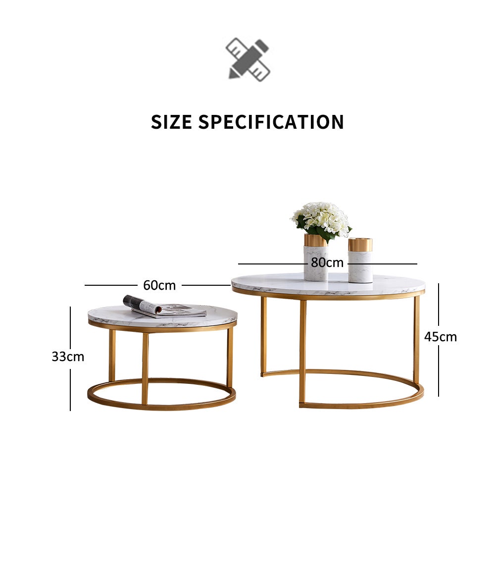 Lot de 2 Tables Basses Gigognes, Table d'appoint Ronde avec Plateau en Marbre Texturé et Cadre en Métal, Bout de canapé pour Salon, Chambre, Doré - 2