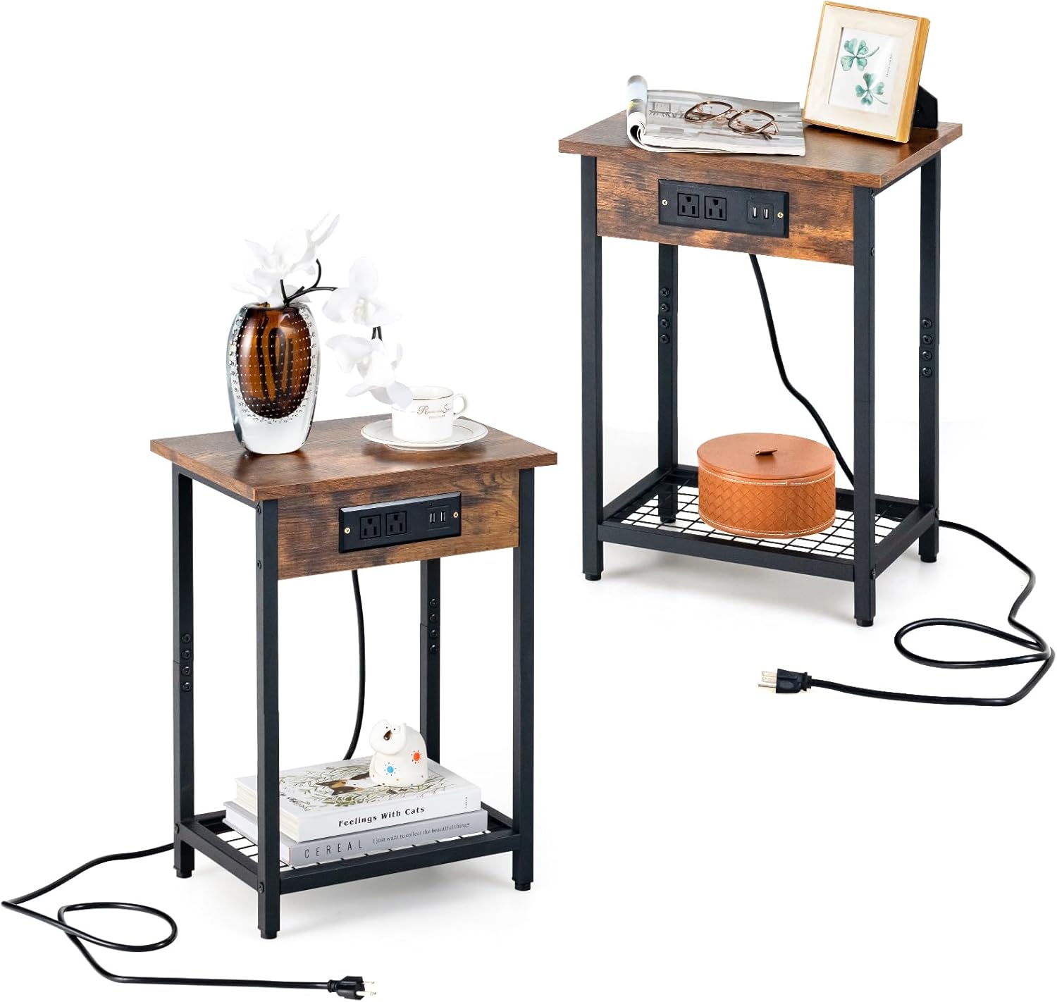 HOOBRO Set di 2 Comodini con Presa di Corrente e Porta USB, Tavolini con Cassetti e Piano Portaoggetti, per Spazio Piccolo, Soggiorno, Camera da Letto, Marrone Vintage e Nero EBF43CBZP201