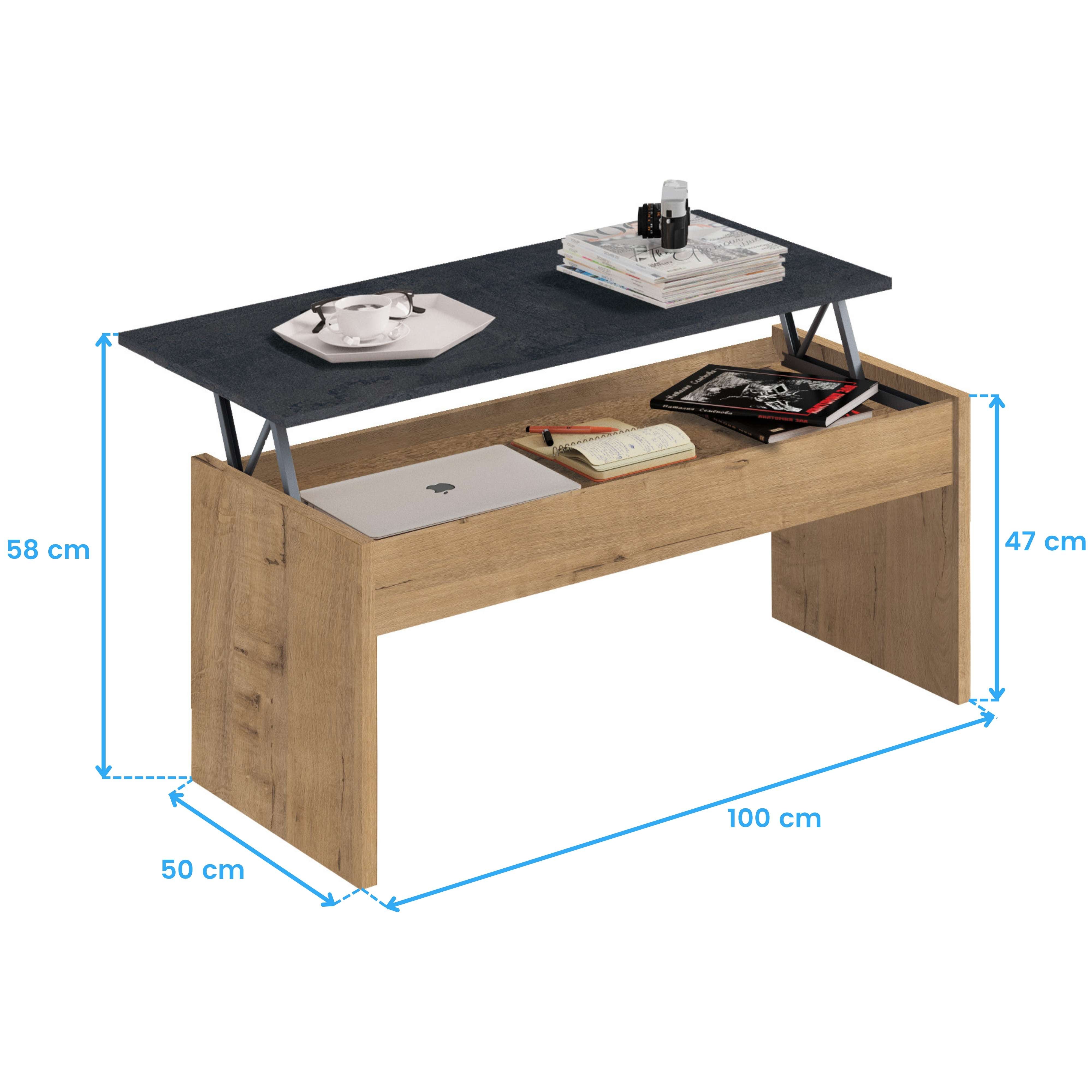 Table basse relevable en chêne et marbre pour salon, salle à manger, style moderne, rangement, 47-58 x 100 x 50 cm - 6