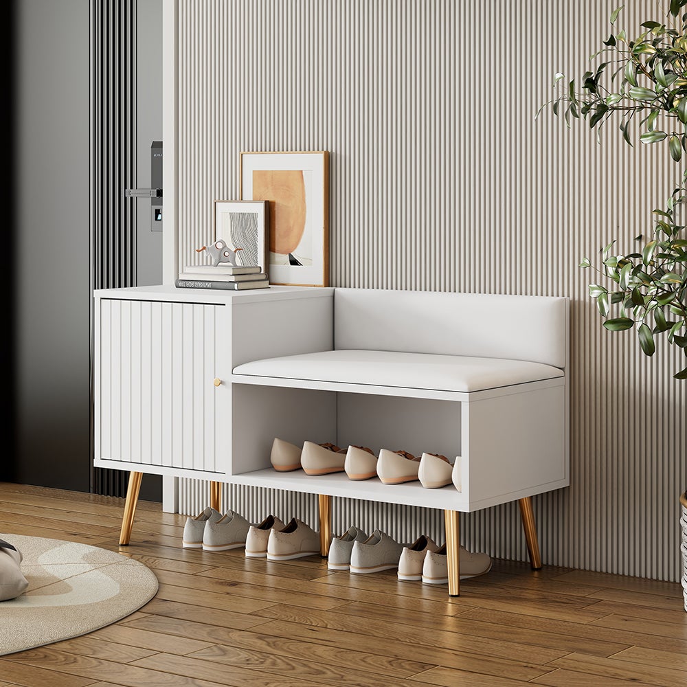 Armoire Banc à chaussures moderne avec trois portes de rangement Avec poignées métalliques asymétriques Blanc - 3