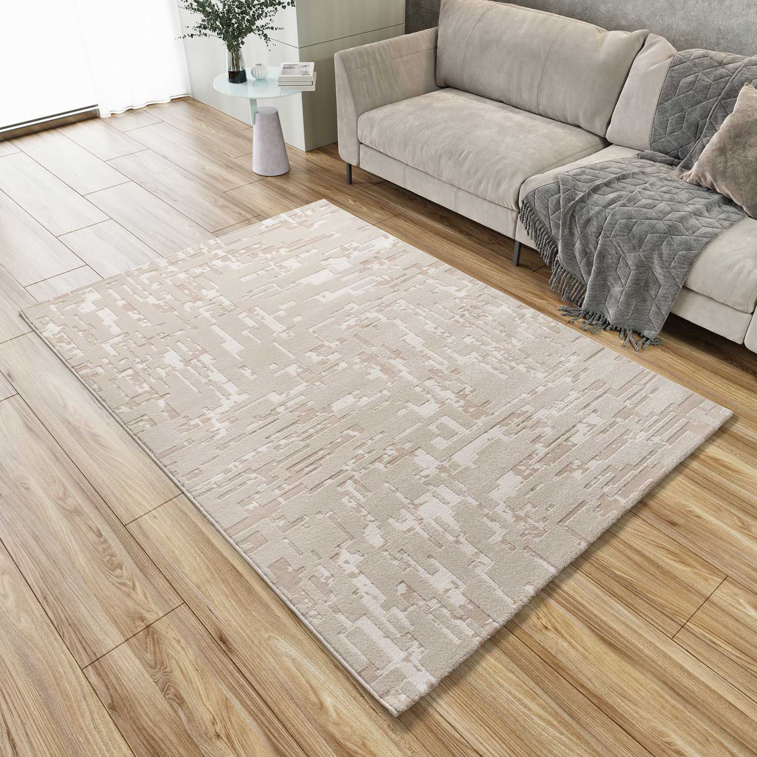 Prostokątny beżowy dywan wewnętrzny 200 x 290 cm BARESA abstrakcyjny tłoczony - ATTICGO