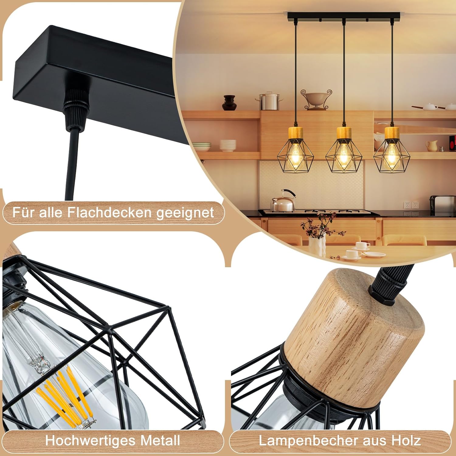 ZMH Lampa wisząca z czarnego metalu w stylu vintage, 3 żarówki E27, brak w zestawie - 5
