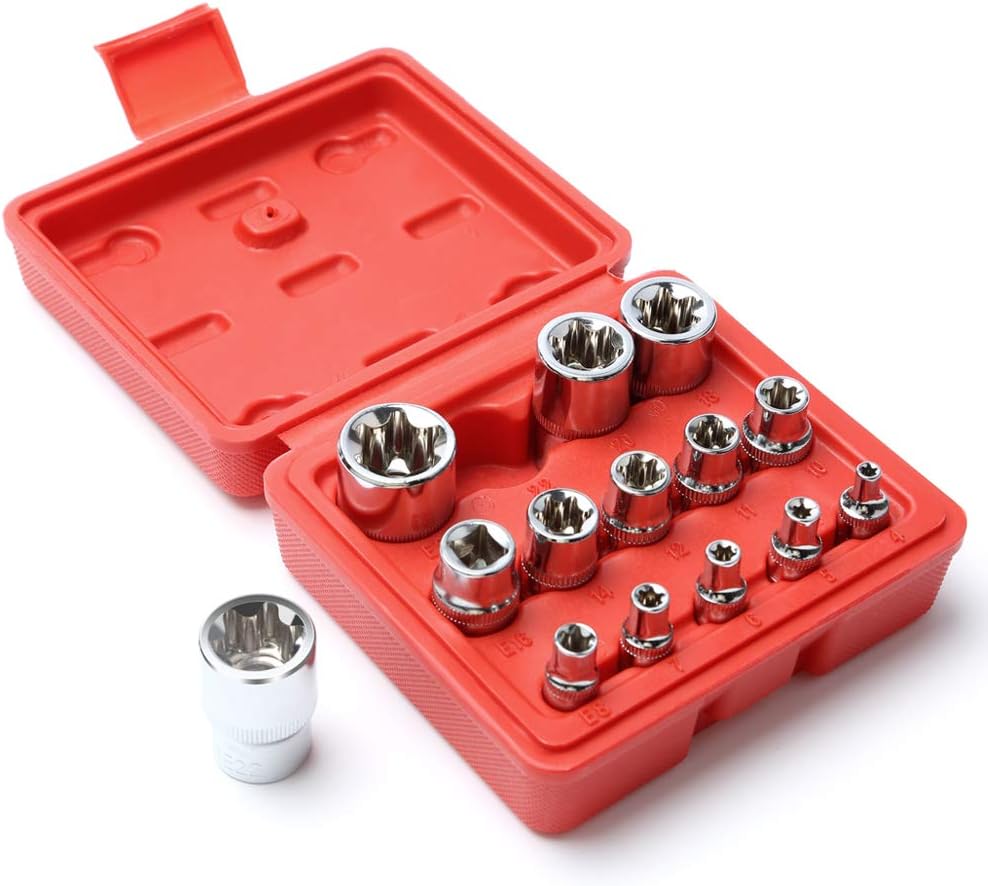 Jeu De 14 Douilles E-TORX (E4 à E24) - Acier Chrome Vanadium, Avec étui, Pour Entraînements 1/4", 3/8" Et 1/2" - 3