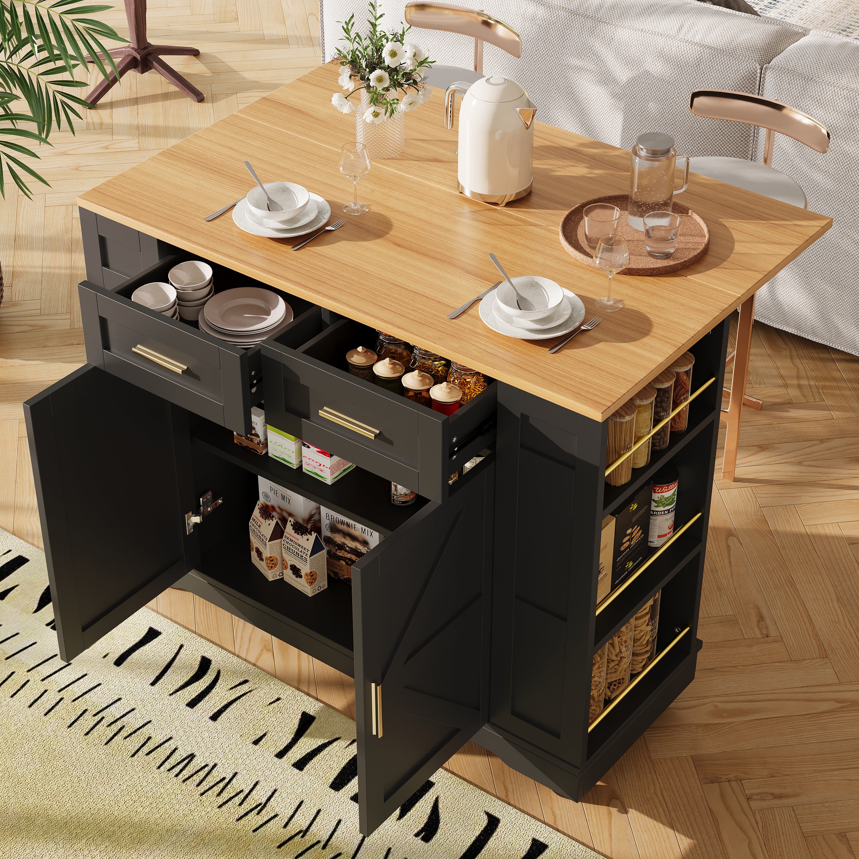 Isla cocina negra 120×65×90 cm con tapa abatible, 2 cajones, estantes dobles y acabado madera elegante