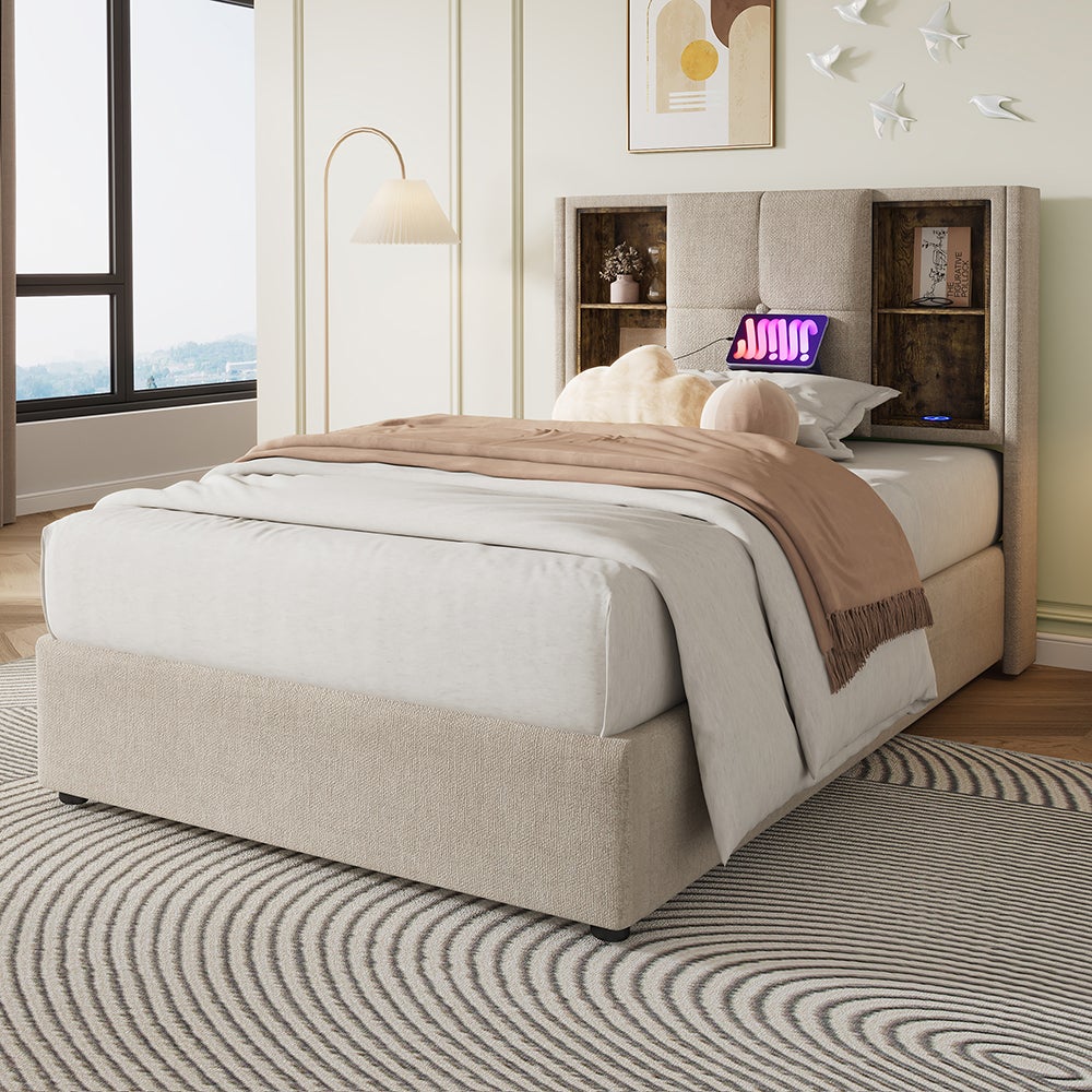 Lit simple 90x200 cm avec tiroirs, tête de lit avec chargement USB Type